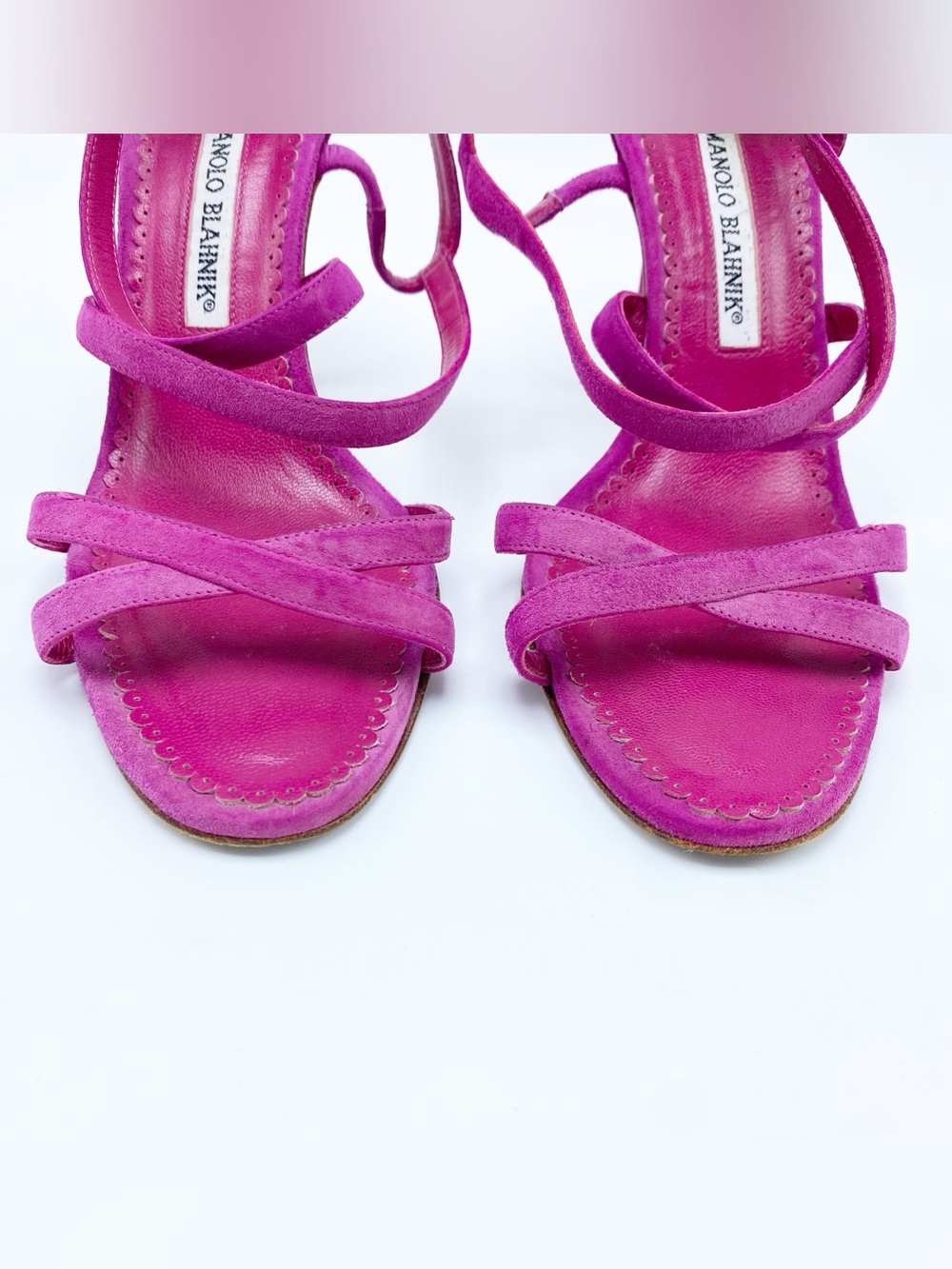 Manolo Blahnik 36.5 / 6.5 Fuchsia Suede Strappy Stiletto Heel Sandals - Picture 6 of 10